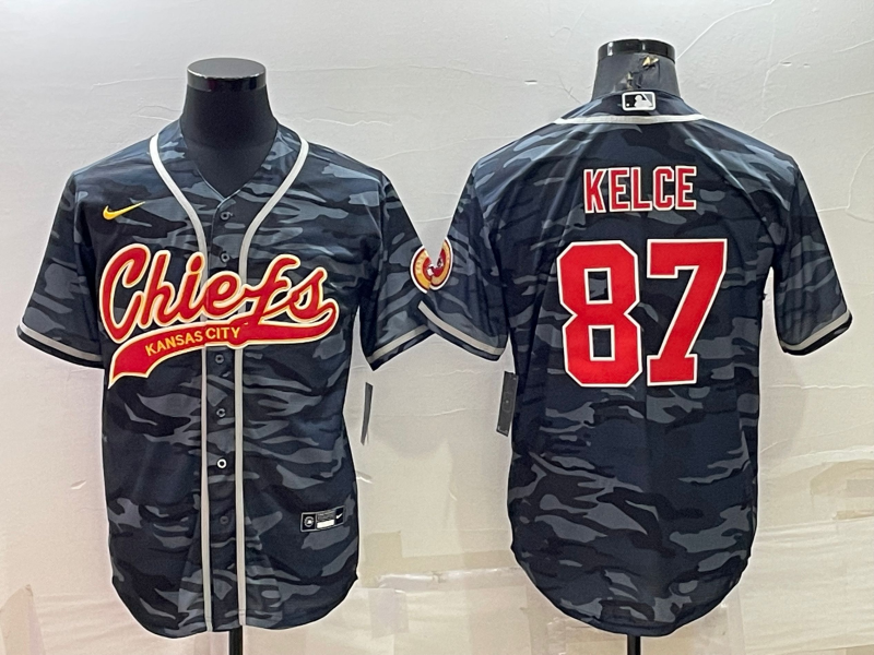 Men's Kansas City Chiefs Blank #87 Travis Kelce Grey/Navy Camo With Patch Cool Base Stitched Baseball Jersey Men's Kansas City Chiefs Blank #87 Travis Kelce Grey/Navy Camo With Patch Cool Base Stitched Baseball Jersey